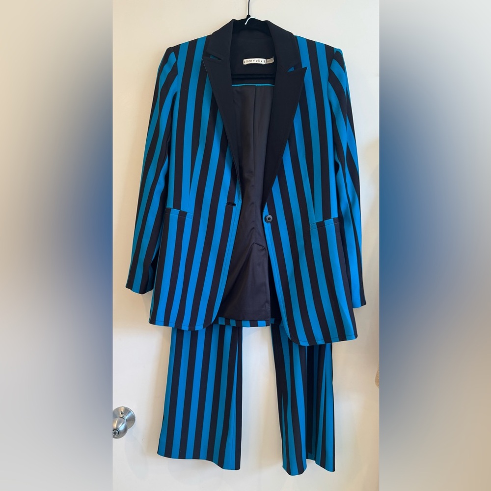 Alice + Olivia Vibrant Blue and Black Striped Suit, Blazer size 6, Pants size 8